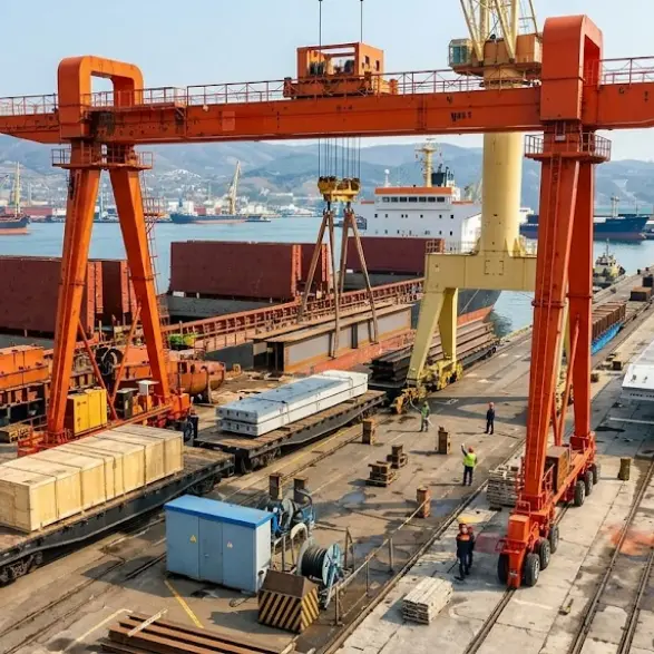 Shipyard gantry crane with extended boom lifting ship sections