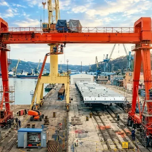 Large shipbuilding gantry crane with double beams operating at dock